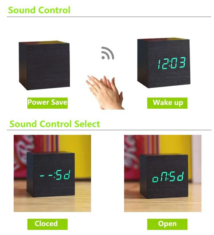 LED Display Wooden Cube Alarm Clock – Digital Time Indicator