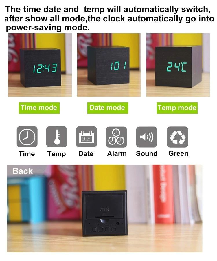 LED Display Wooden Cube Alarm Clock – Digital Time Indicator