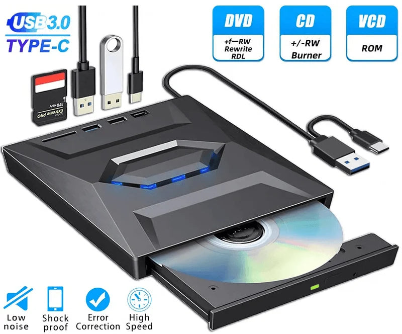 External DVD and CD Writer with USB Hub and SD Card Reader for PC and Laptop