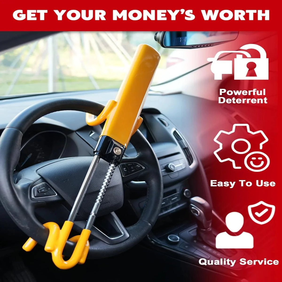 Steering Wheel Lock Bar for Cars and Trucks - Heavy Duty Anti-Theft Security