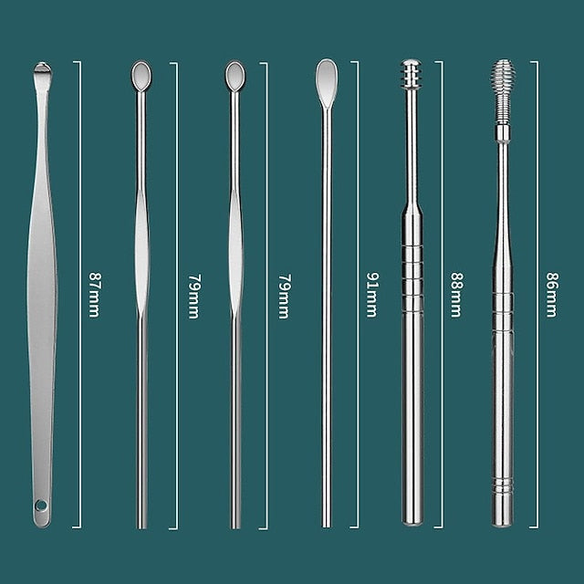 Stainless Steel Ear Wax Removal Set - 6 Tools with Keychain Holder