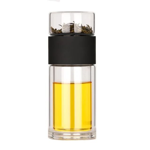 Borosilicate Glass Travel Mug with Double Wall and Integrated Strainer for Loose Leaf and Herbal Tea