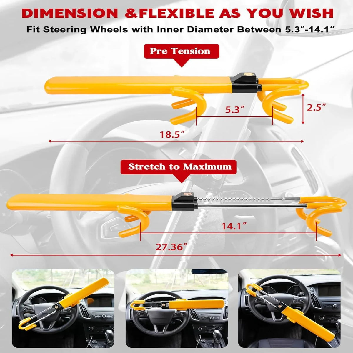 Steering Wheel Lock Bar for Cars and Trucks - Heavy Duty Anti-Theft Security