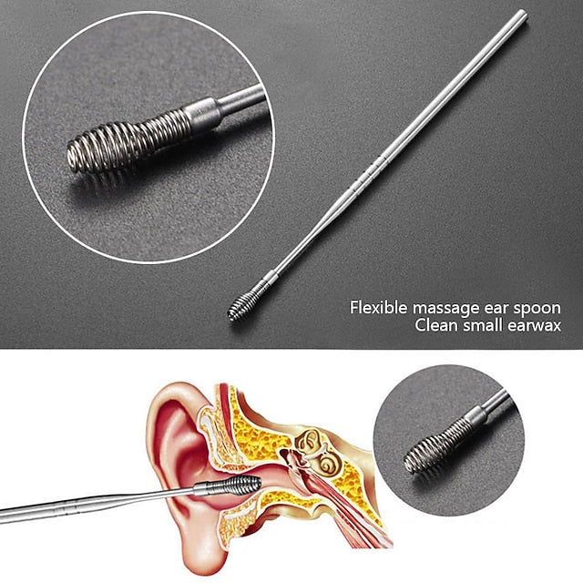 Stainless Steel Ear Wax Removal Set - 6 Tools with Keychain Holder