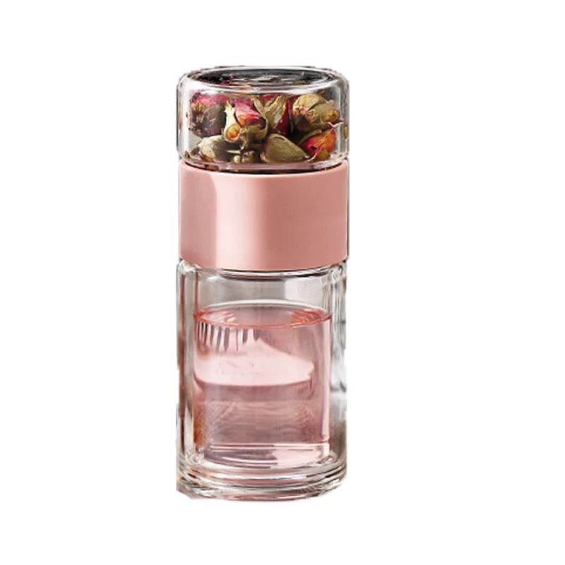 Borosilicate Glass Travel Mug with Double Wall and Integrated Strainer for Loose Leaf and Herbal Tea