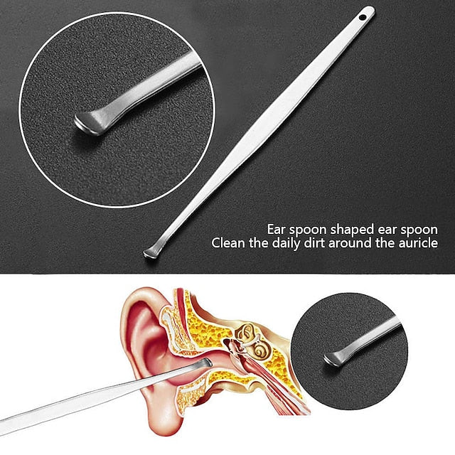 Stainless Steel Ear Wax Removal Set - 6 Tools with Keychain Holder