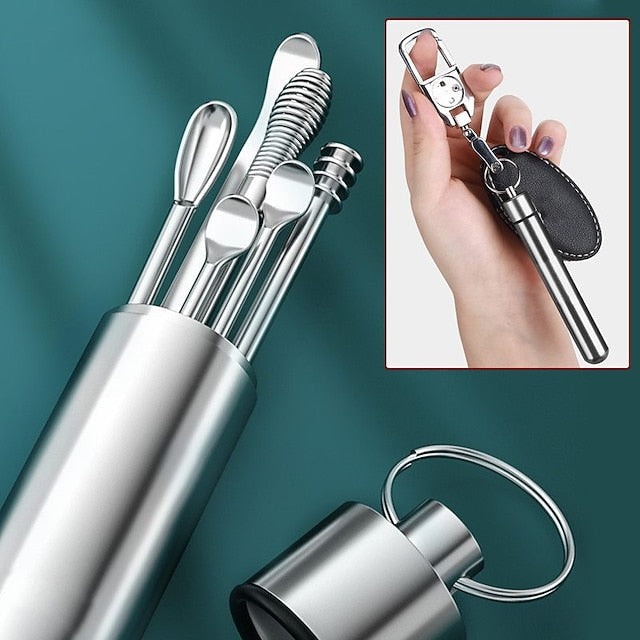 Stainless Steel Ear Wax Removal Set - 6 Tools with Keychain Holder