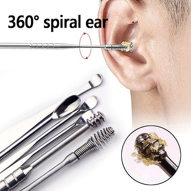 Stainless Steel Ear Wax Removal Set - 6 Tools with Keychain Holder