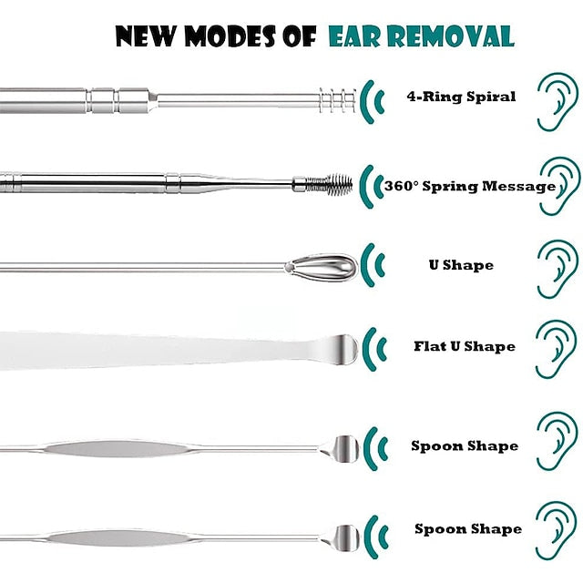 Stainless Steel Ear Wax Removal Set - 6 Tools with Keychain Holder
