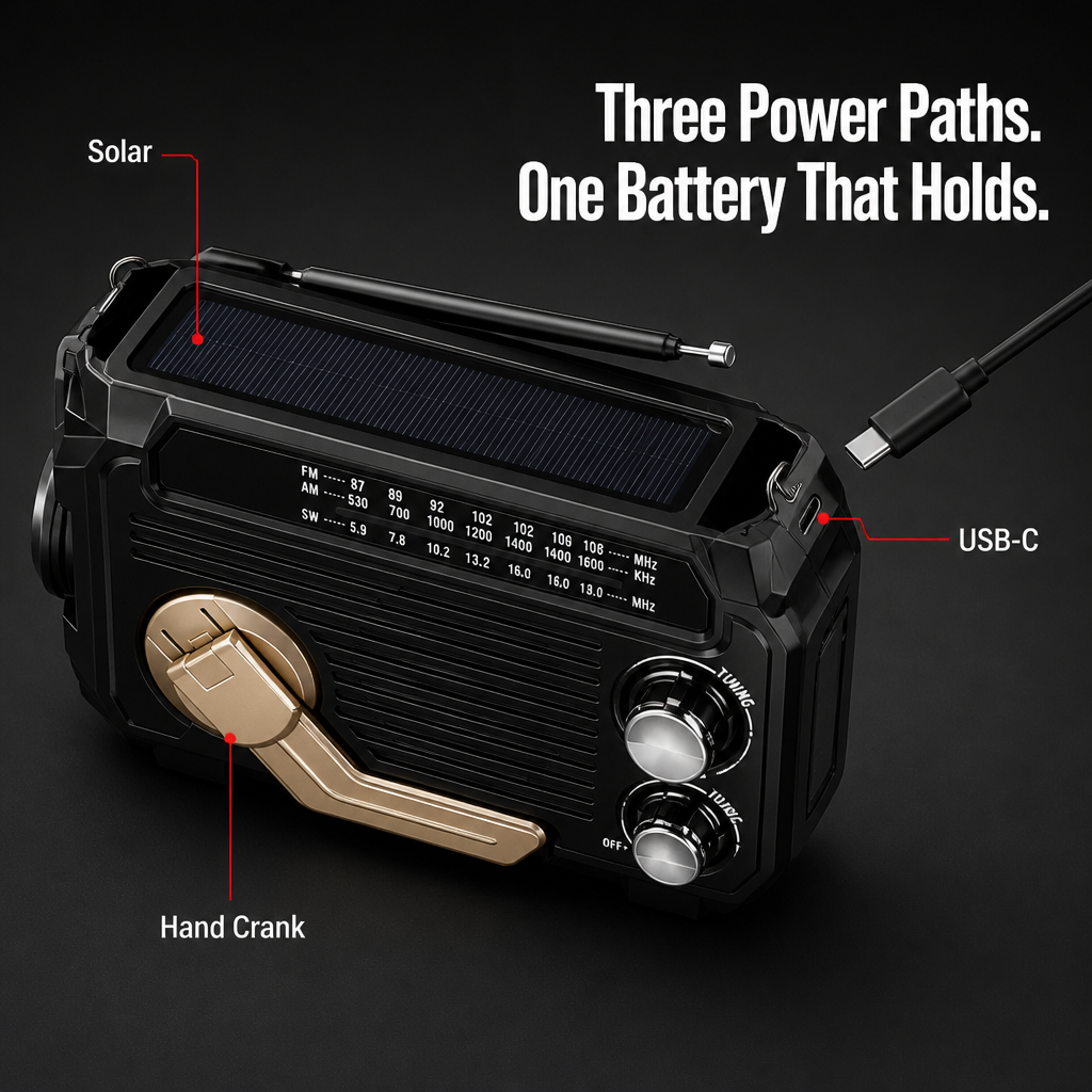 Emergency Power Station with Light, Radio, and Crank, Solar, or USB