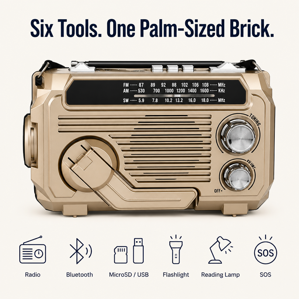 Emergency Power Station with Light, Radio, and Crank, Solar, or USB