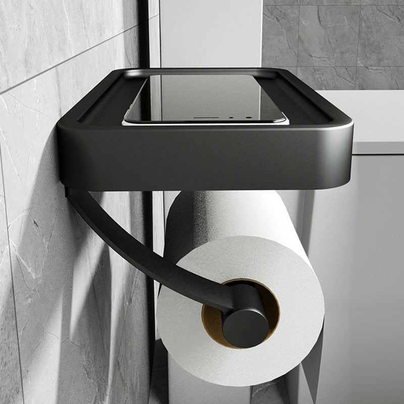 Stainless Steel Toilet Paper Holder with Shelf – Wall-Mount, Black, White, Gray