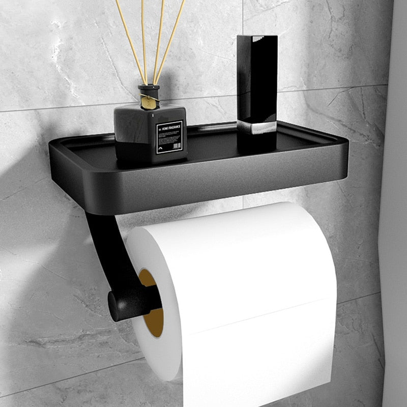 Stainless Steel Toilet Paper Holder with Shelf – Wall-Mount, Black, White, Gray