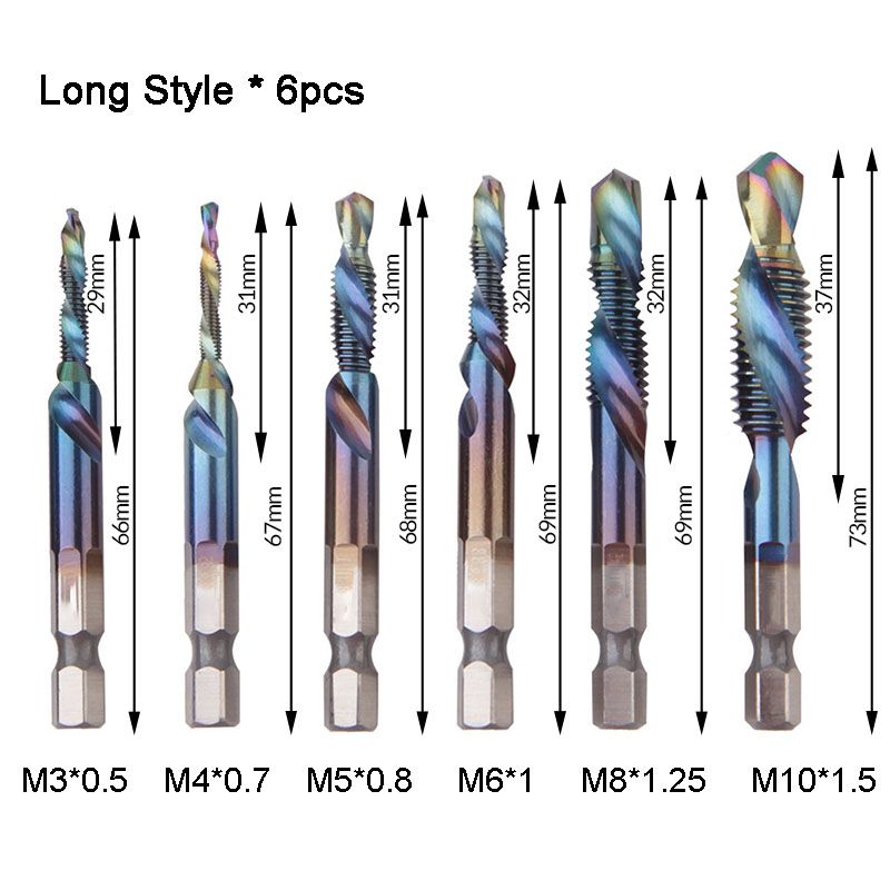 Hex Shank Tap Set – 6 Pieces with Spiral Flute Design