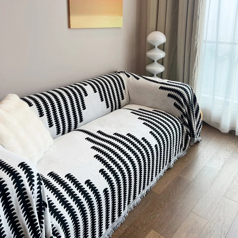 Non-Slip Sofa Cover in Striped Cotton Blend Fabric