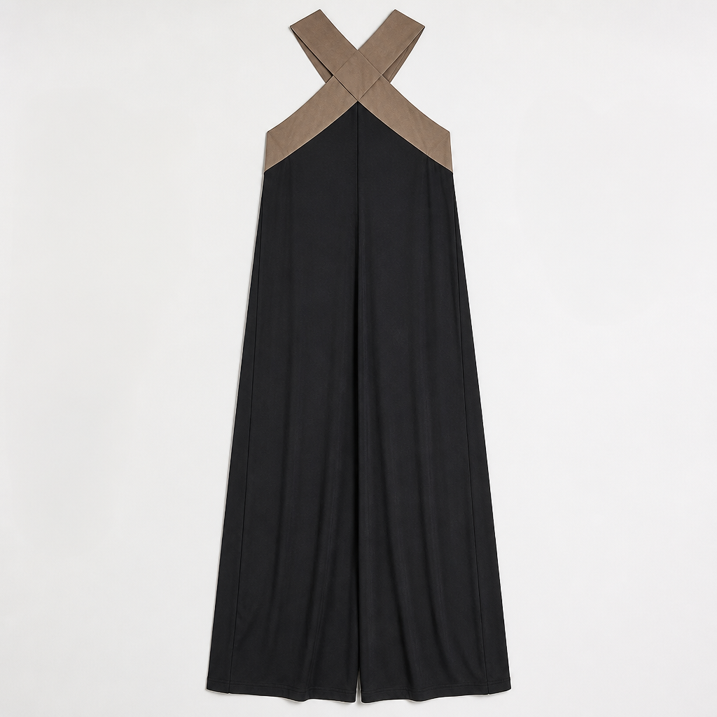 AuralisFlow™ – Flowy Crossover-Halter Color-Block Maxi Dress