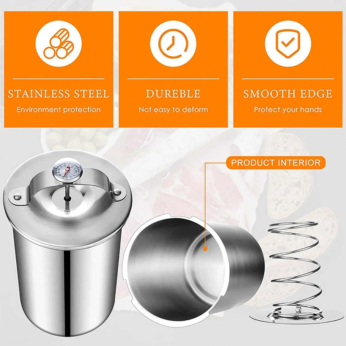 Meat Press Mold and Cooker with Kitchen Thermometer in Stainless Steel
