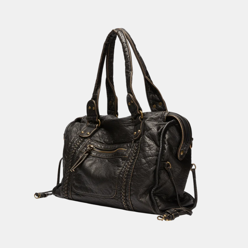 Vintage Washed Black PU Leather Tote Bag with Gold Accents