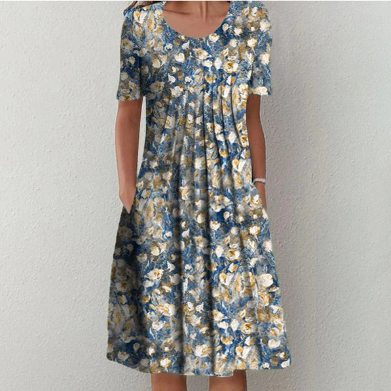 Floral A-Line Midi Dress for Women – Summer Short Sleeve with Pockets