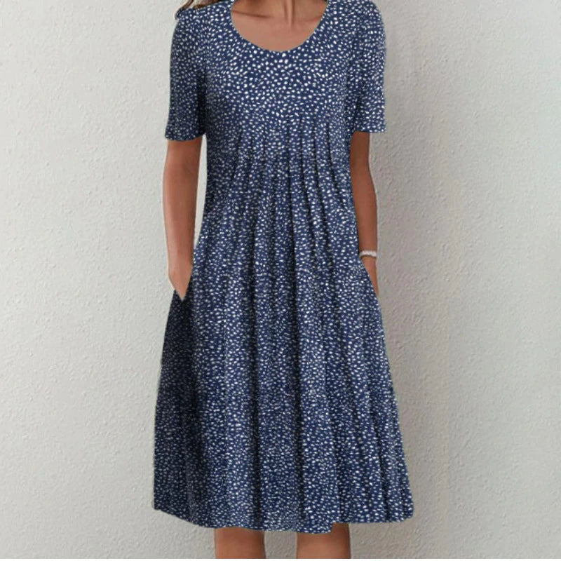Floral A-Line Midi Dress for Women – Summer Short Sleeve with Pockets