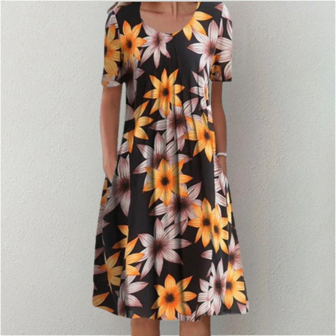 Floral A-Line Midi Dress for Women – Summer Short Sleeve with Pockets
