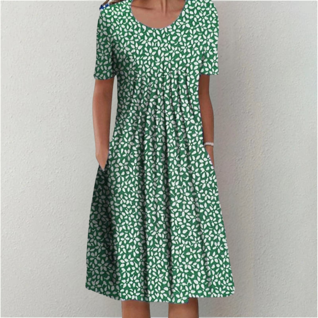 Floral A-Line Midi Dress for Women – Summer Short Sleeve with Pockets