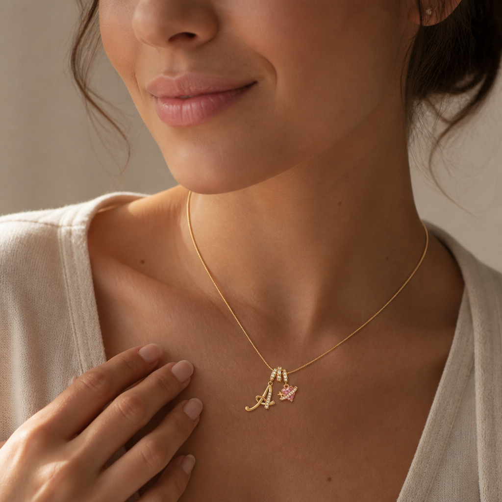 ViviLuxe™ – Personalized Cursive Initial Necklace with Pink Heart Charm