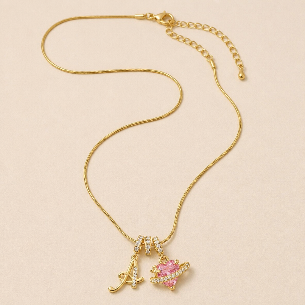 ViviLuxe™ – Personalized Cursive Initial Necklace with Pink Heart Charm