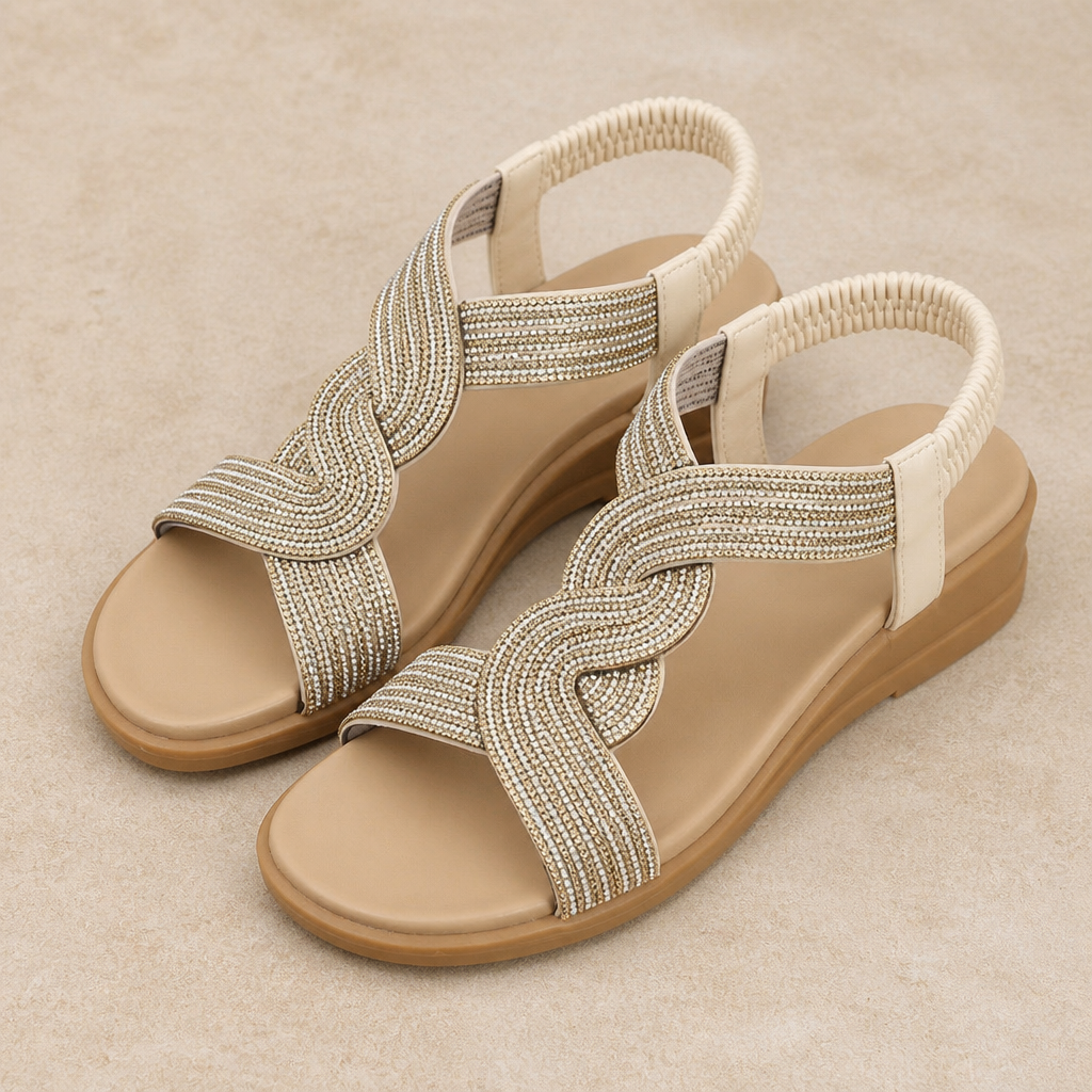 SerenStep™ – Sparkling Braided Wedge Sandals with Stretch Ankle Strap