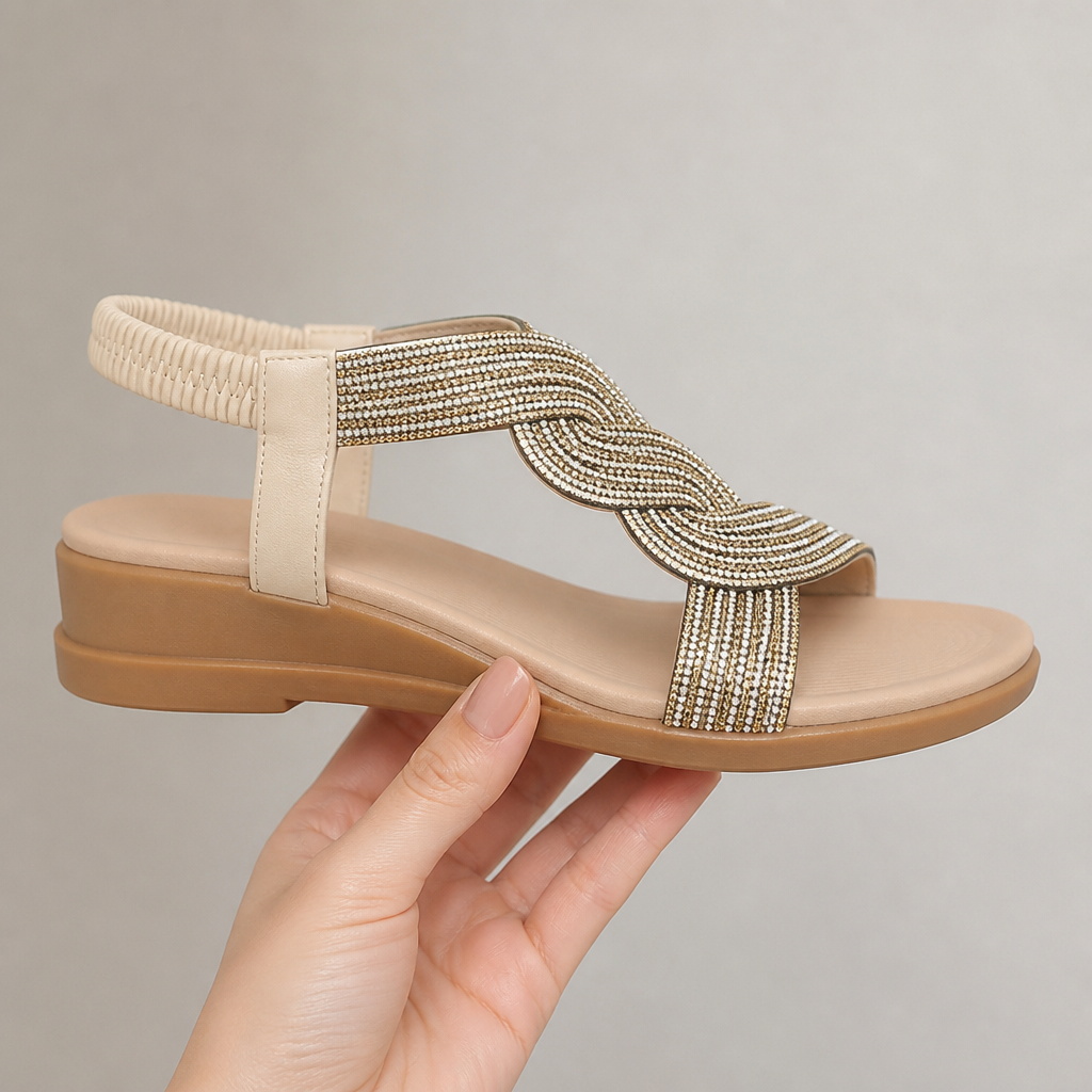 SerenStep™ – Sparkling Braided Wedge Sandals with Stretch Ankle Strap