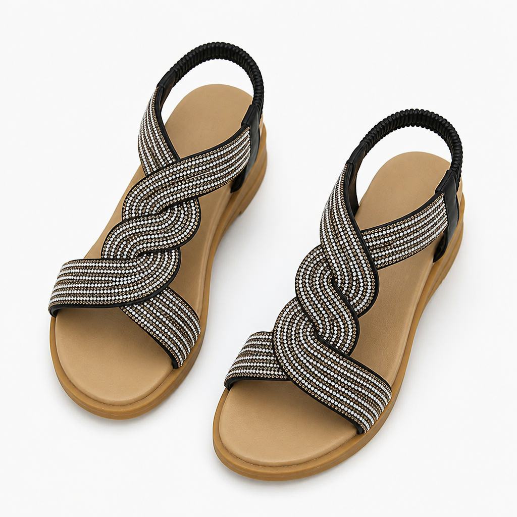 SerenStep™ – Sparkling Braided Wedge Sandals with Stretch Ankle Strap